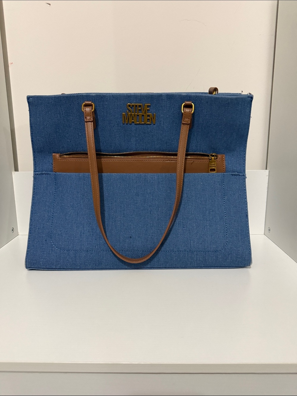 Steve Madden Denim Tote with Brown Trim and Gold Logo